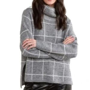 Cozy Pants Store Grey Windowpane Plaid Cowl Neck Sweater - Size Large